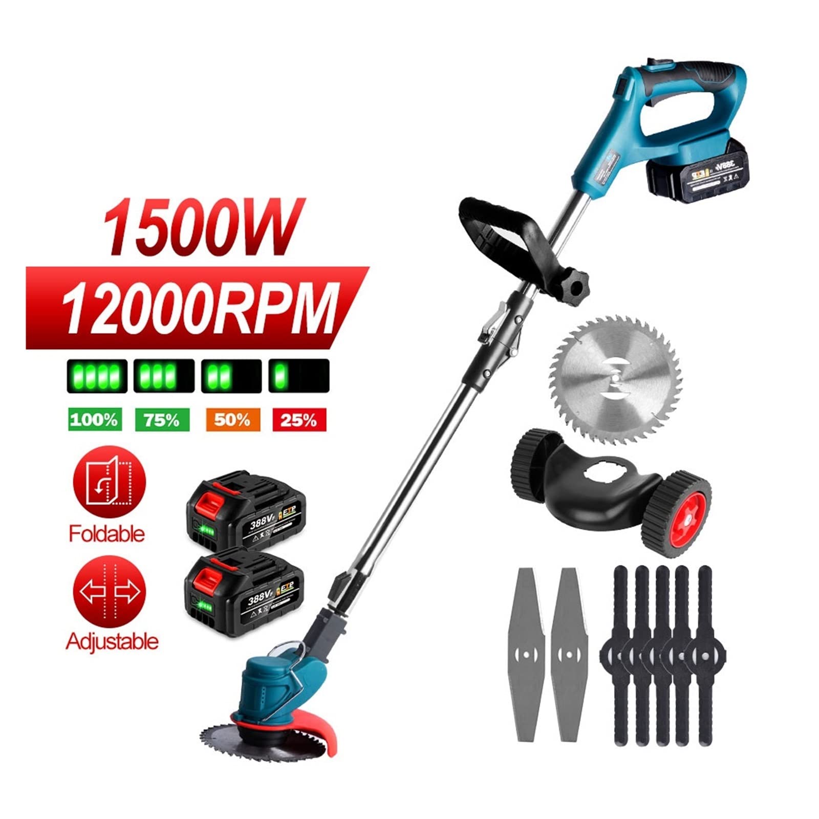 1500W 12000PRM elektryczna kosiarka do trawy bezprzewodowa podkaszarka długość regulowany składany nóż narzędzia ogrodnicze akumulatora 18V,Efektywna pielęgnacja ogrodu