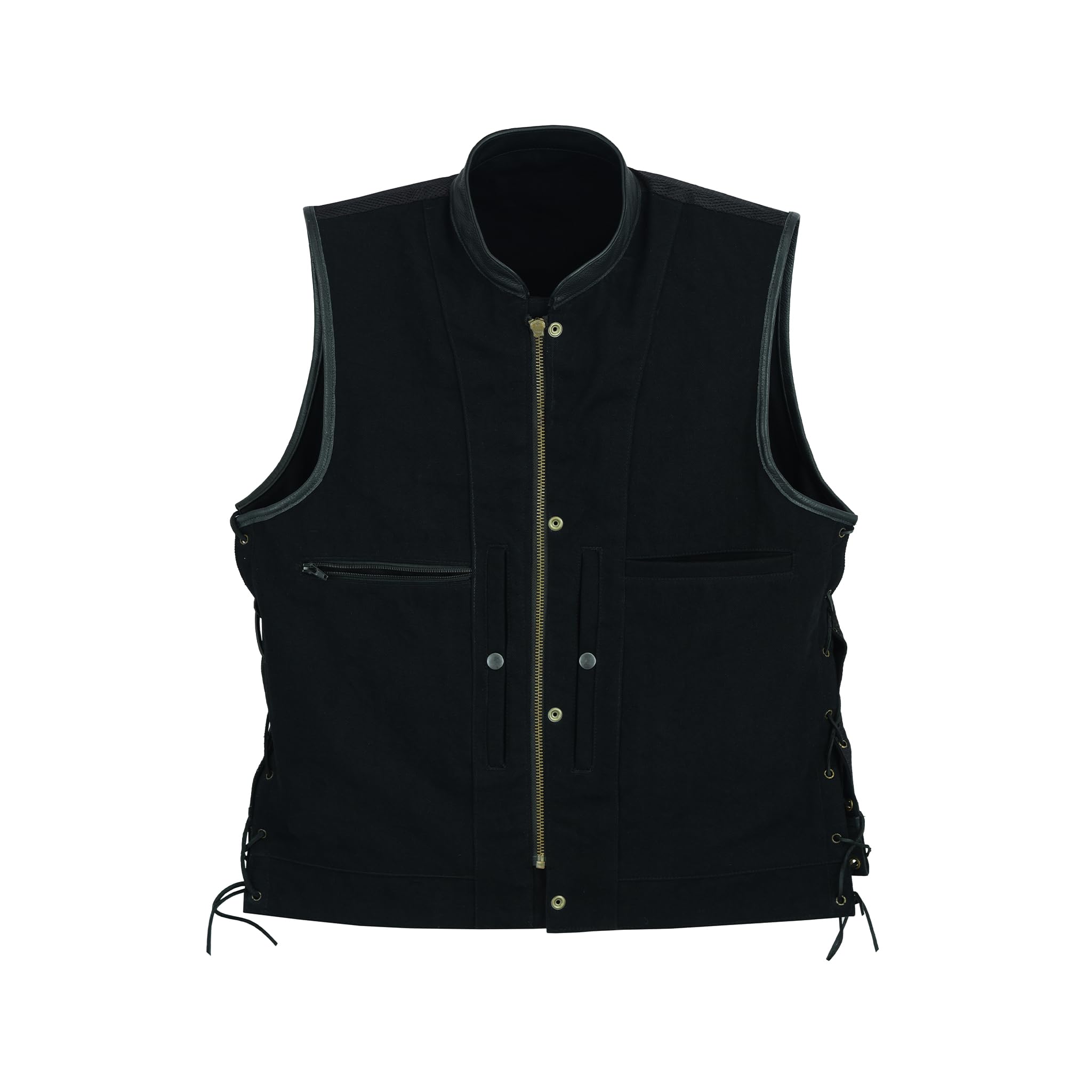 Leatherick Chaleco de hombre con ribete de cuero en denim pesado con encaje lateral estilo motero y bolsillos profundos
