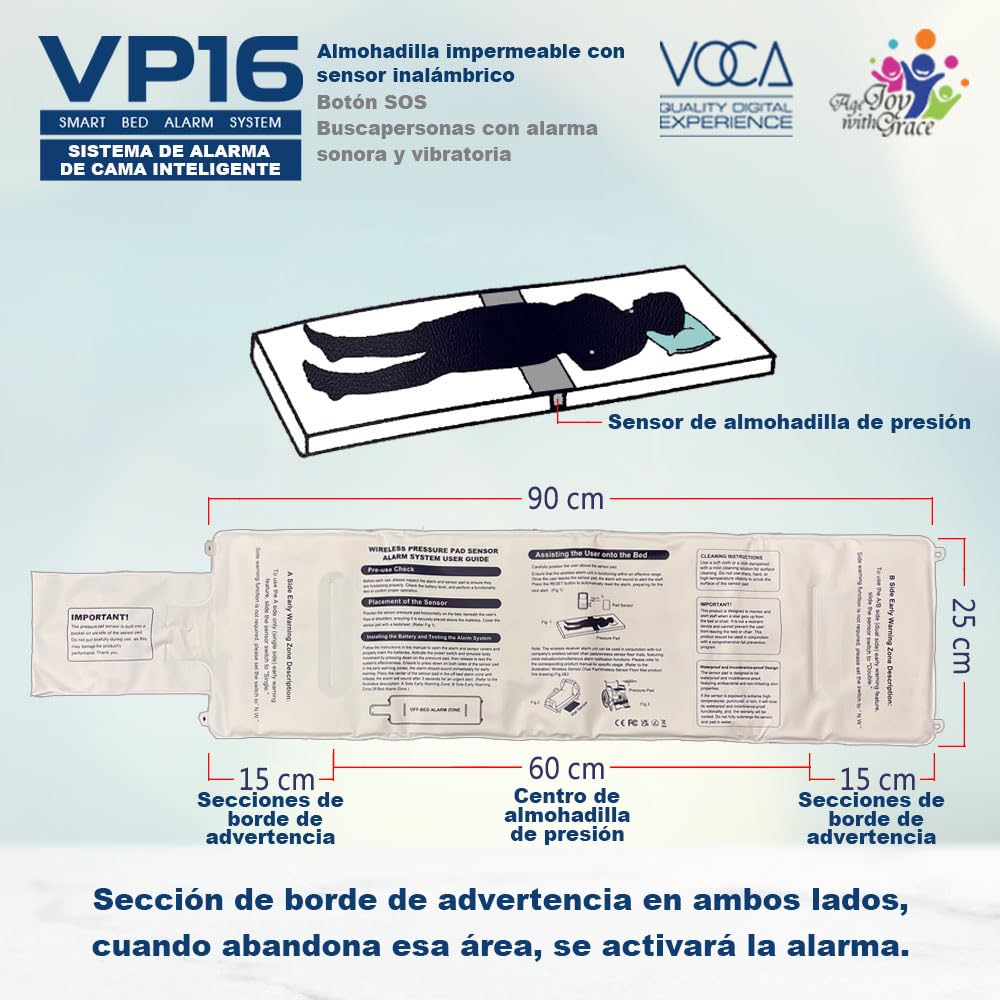Sistema de alarma de cama inteligente VOCA Early Alert para adultos mayores: sensor inalámbrico y buscapersonas, alarmas de cama de prealerta, prevención de caídas, demencia