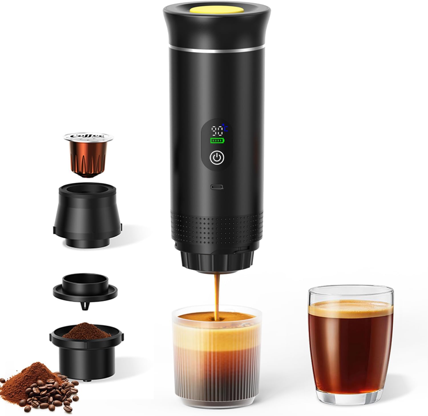 Portable Battery Espresso Coffee Maker for Travel - 20 bar Mini Car Espresso Machines, 3-in-1 Self-Heating Electric Espresso Maker, USB-C Ground Coffee & Capsule Pod(Ns&DG) RV, Hiking, Office