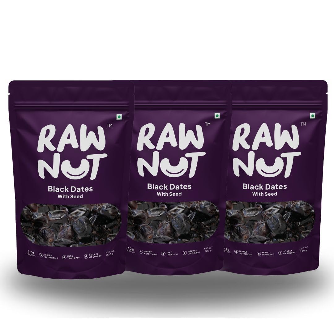 RawNut Black Dates with Seed 600 grams - Khajoor/Khajur Natural No Preservatives | No Added Sugar | Dried Fruits | Rich in Iron, Fibre & Vitamins (Pack of 3, Each 200gm) (B0D6KPLZD1) Amazon Price History, Amazon Price Tracker