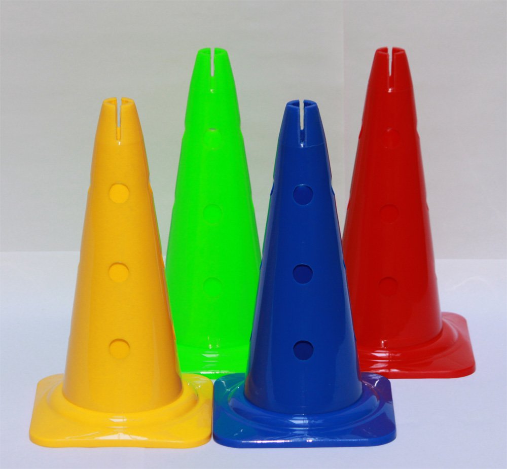 Kit de haie 12 pièces Lot de 4: 8 Cônes 40 cm, 4 Jalons 160 cm - Bleu, Rouge, Vert, Jaune