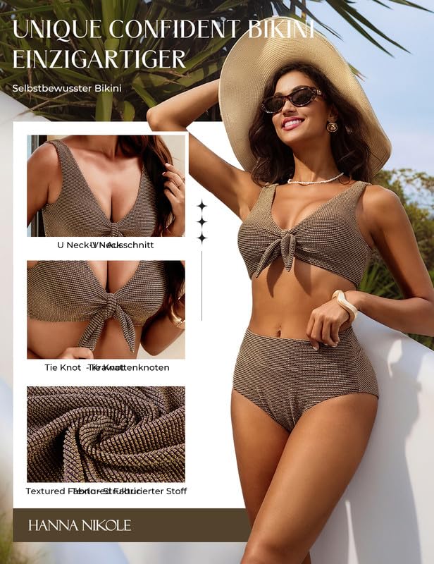 Hanna Nikole Bikini Damen Set,Badeanzug Bauchweg,Push Up Zweiteiler Bademode,Textured High Waist Bikinis,Bescheidene Schwimmanzug,Curvy Strandmode Glitzer Badebekleidung Mit Krawattenknoten