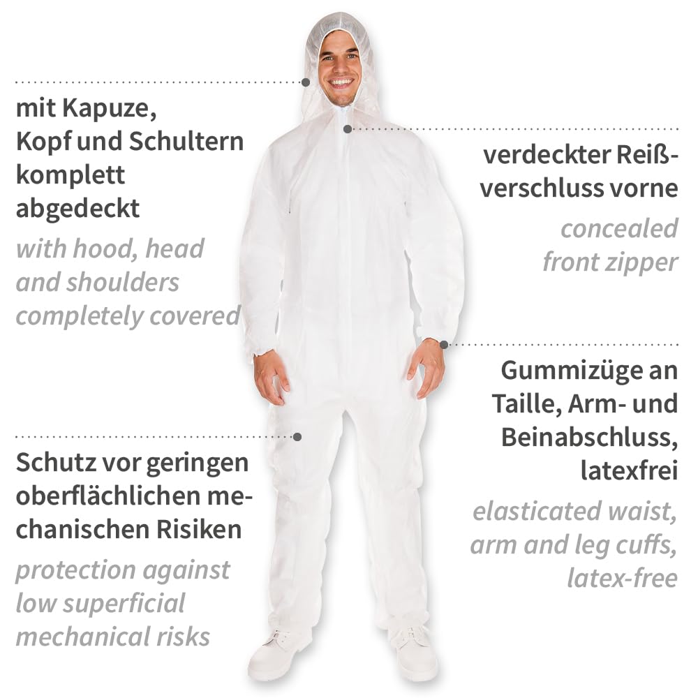 FRANZ MENSCH 50 Stück Hygostar Overalls mit Kapuze | PP, Karton, weiß, XXL, L: 180cm, Umfang: 140cm, Hygienebekleidung, Schutzkleidung, Schutzanzug