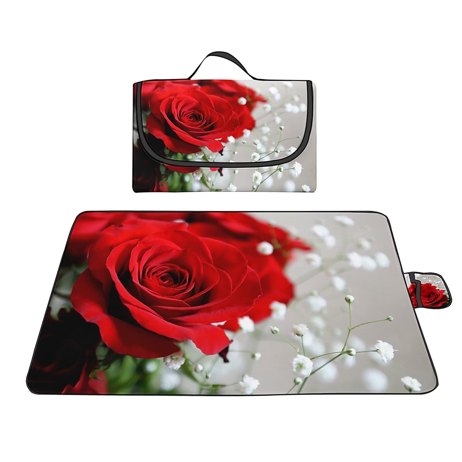 Couverture Pique-nique Imperméable 200x200cm,Couverture Plage Extérieure XXL Tapis de Plage,Roses Fleurs étoilées Camping Couverture étanche Pique-nique avec Poignée pour Camping Randonnée Parc Plage