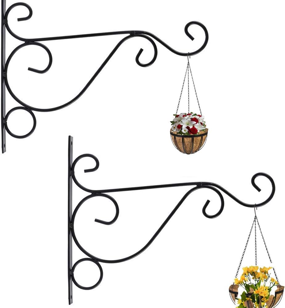 Nutech Impex 2pcs Wall Brackets Hook for Hanging Plants Wrought Iron Flower Pot Hook Flower Stand for Bird Feeders Lantern Lawn Light Flower Pots (Black)