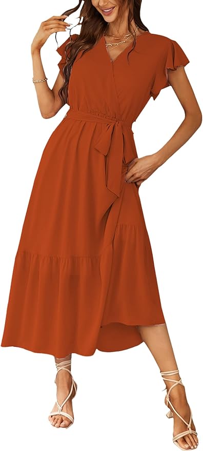 PRETTYGARDEN Women's Summer Floral Boho Maxi Dress Wrap Short Sleeve V Neck Ruffle A-Line Flowy Wedding Guest Long Dresses