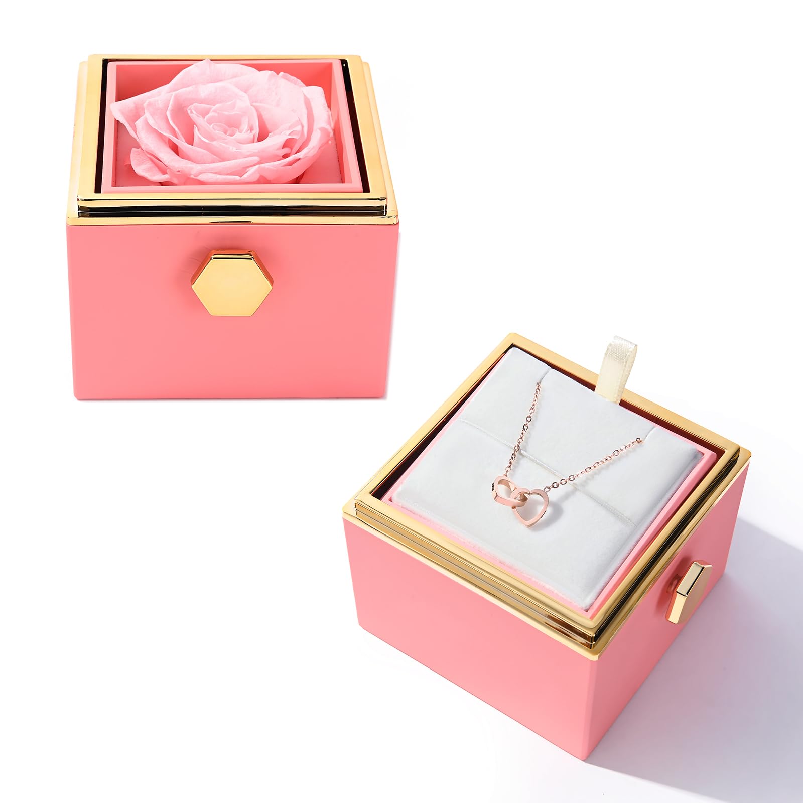 Tingku Women's Pink Rose Box Eternal Real Rose Gift Box For Preserved Rose With Customized Engraved Name Heart Necklace, Personalized Forever Flowers For Her Wife Mom Girlfriend, Valentines Day Love Keepsake-Pink