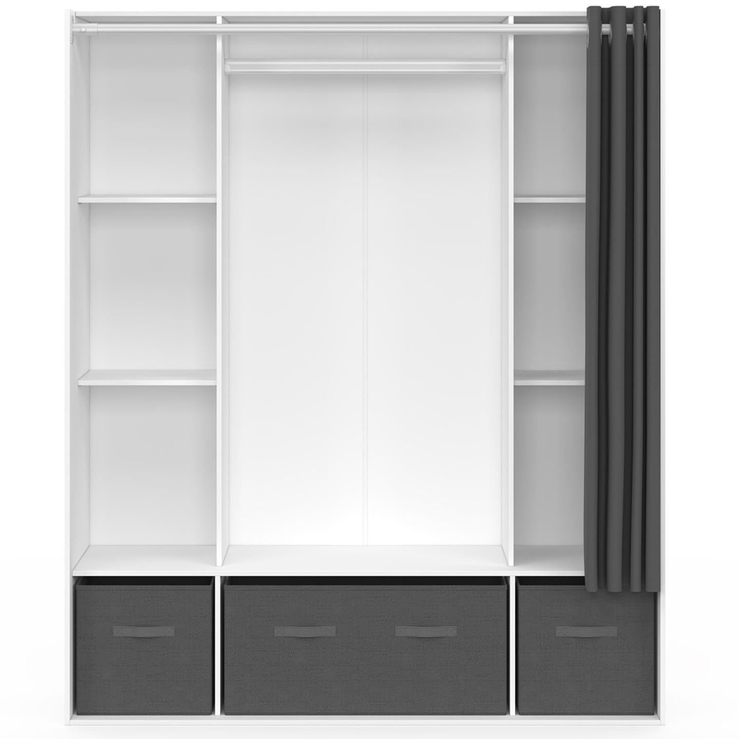IDMarket - Dressing double penderie DIANE 140 x 45 x 167 cm blanc avec étagères + boites de rangement + rideau gris