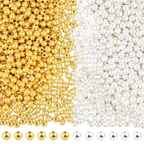 PONABEADIY 1 boîte de 1200 perles en Plastique CCB Plaquées Or et Argent de 6mm avec Trous Espaceurs Ronds Boules Brillantes Lisses Petites Breloques en Vrac...