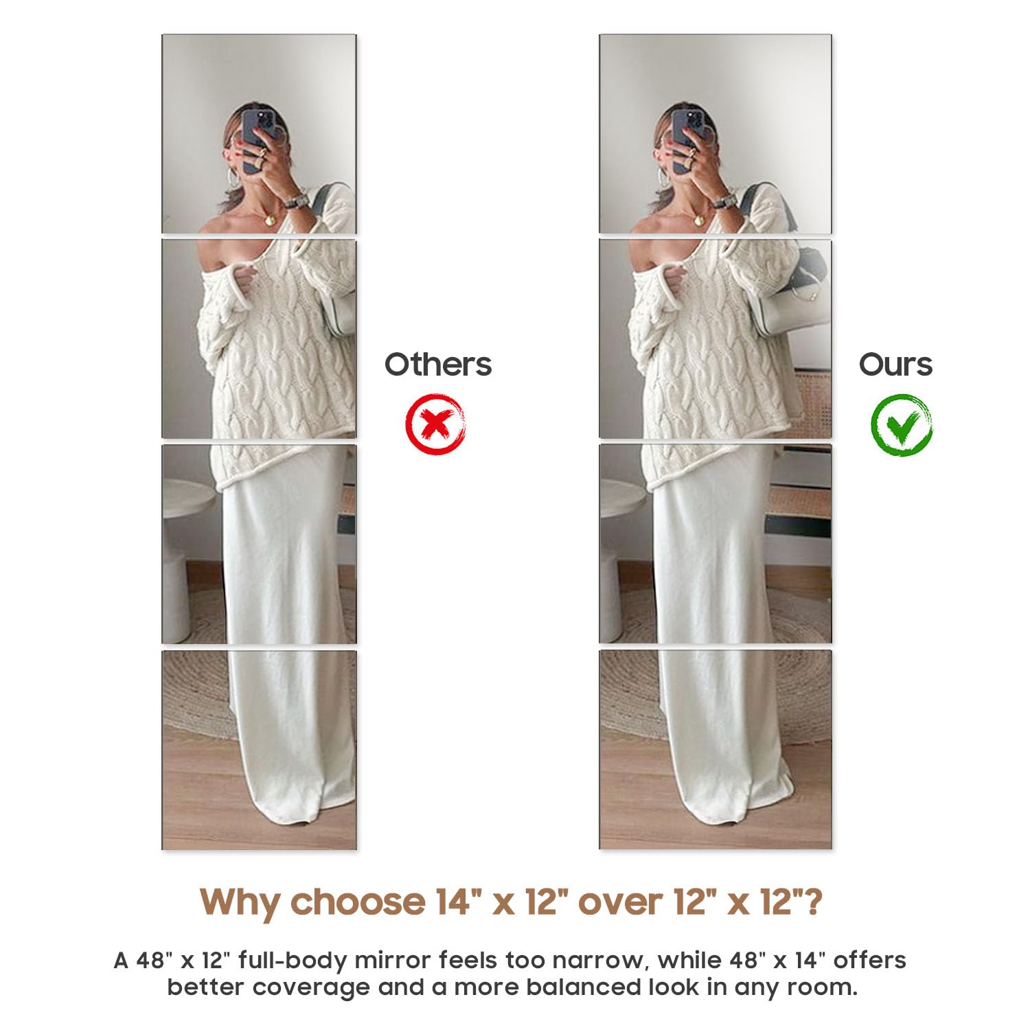 4PCS 14"x12" Full Length Wall Mirror Tiles,Wall Mirrors Decorative Shatterproof Self Adhesive Glass Mirror Tiles for Bedroom,Dorm, Gym