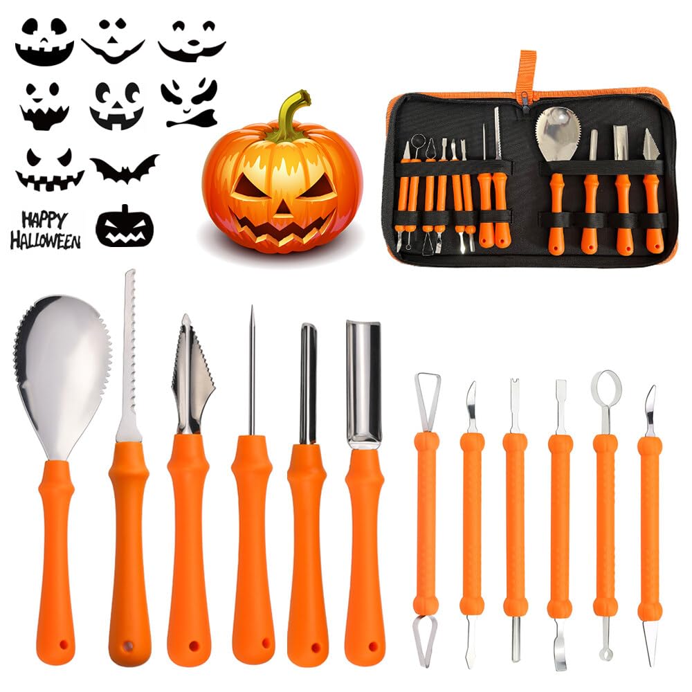 Kit de Calabaza Tallado de Halloween, 12 Piezas Juego de Tallado de Calabaza, Kit de Tallar de Calabazas con Plantillas y Estuche de Transporte, Pumpkin Carving Kit para Adultos y Niños