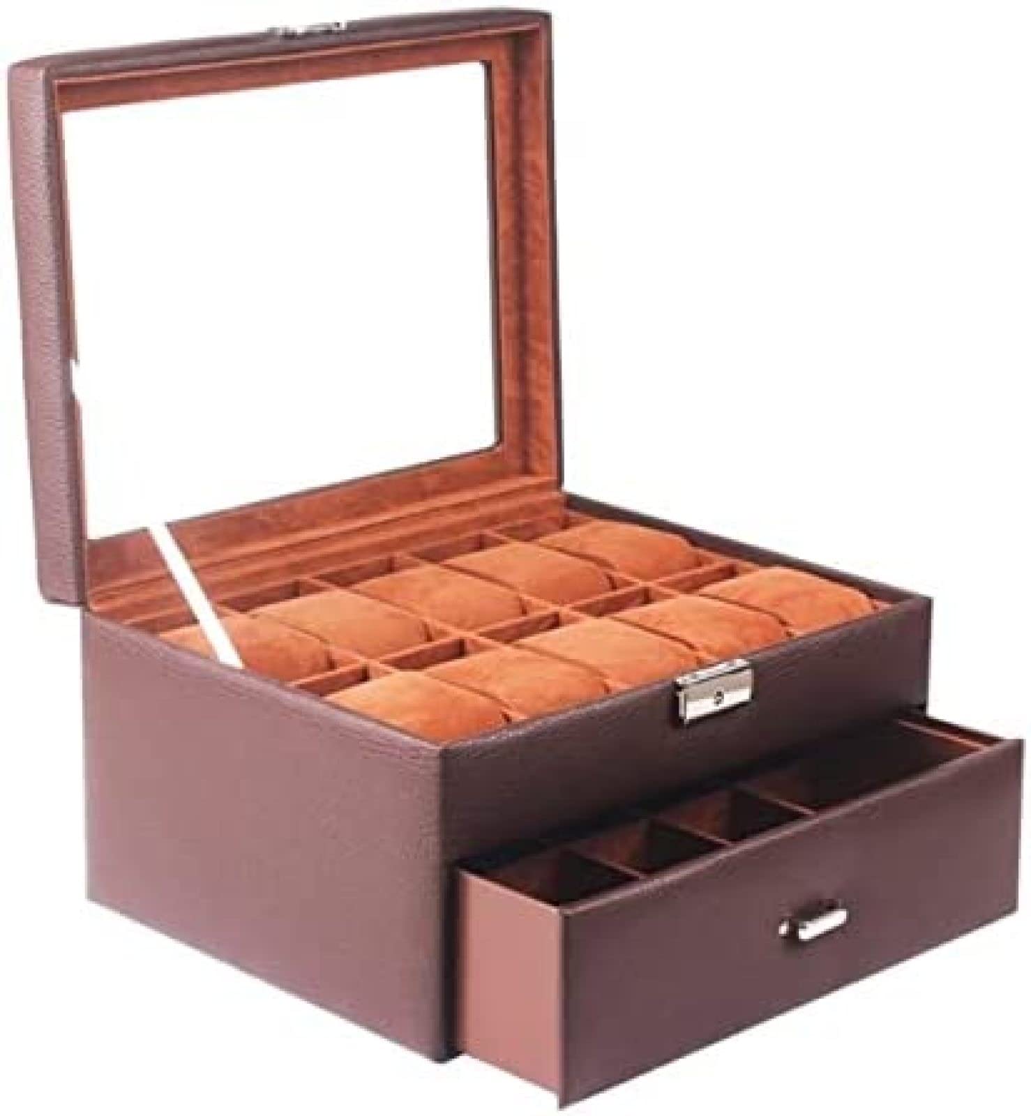 YNBSHGAA Watch Box Watch Case Watch Roll Watch Organizer Display Double Layer 20 Slots Watch Storage Box with Drawer and Glass Display Top Lockable,Nero,29.5X23X15.5cm,Brown-29.5X23X15.5cm