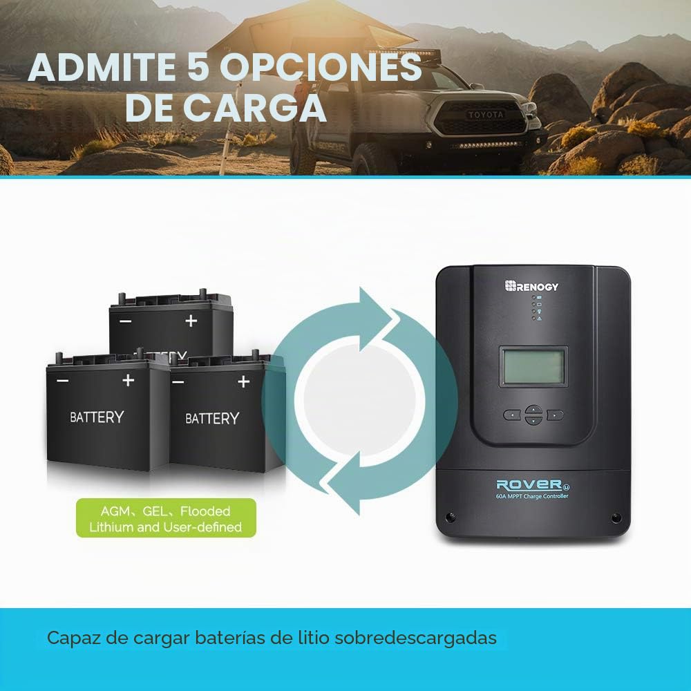 Renogy Regulador de carga MPPT 60A, 12/24/36/48 V, panel solar, panel solar, regulador de carga solar con pantalla LCD, para baterías AGM, gel y baterías de litio