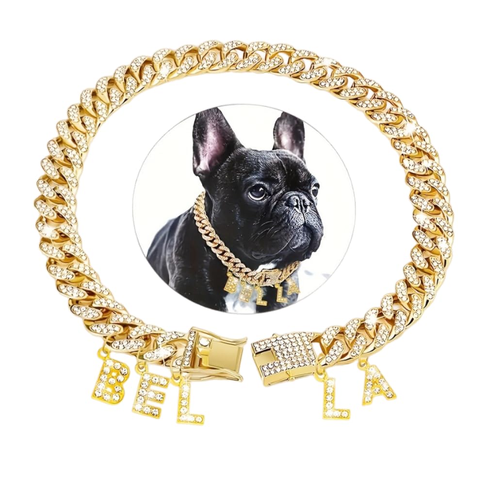 Personalised Dog Chain Collar Diamond Name Letters Customized Silver Dog Necklace Diamond Cuban Link Jewelry Accessories for Small Medium Large Dogs Cats (Golden,XL/40cm)