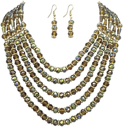 5 Row Layered Beveled Glass Beaded Boutique Style Necklace and Dangle Earrings Set