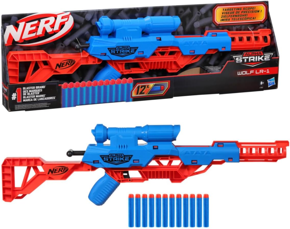 Alpha Strike Wolf LR-1 Blaster with Targeting Scope 12 Nerf Darts, Toys for Kids Teens and Adults, Fun Gift Toy for Boys, Birthday Gift Toy for Kids Ages 8+