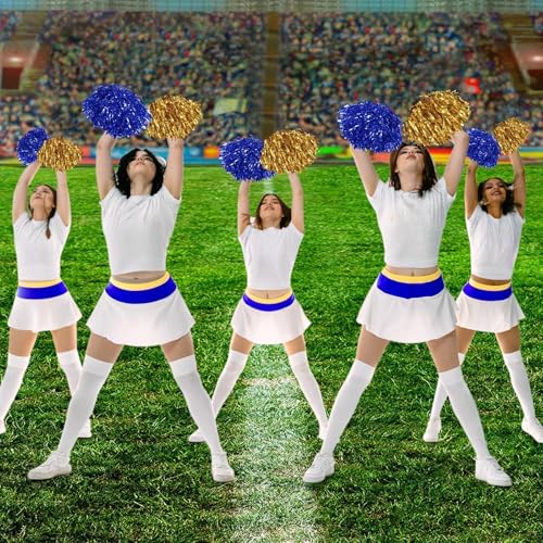 Chivao 24 Pcs Cheerleading Pom Poms, Metallic Foil Handle Cheer Squad Team Spirited Fun for Party, Sports Dance Cheer, 30 Grams Weight Each(Gold, Blue)