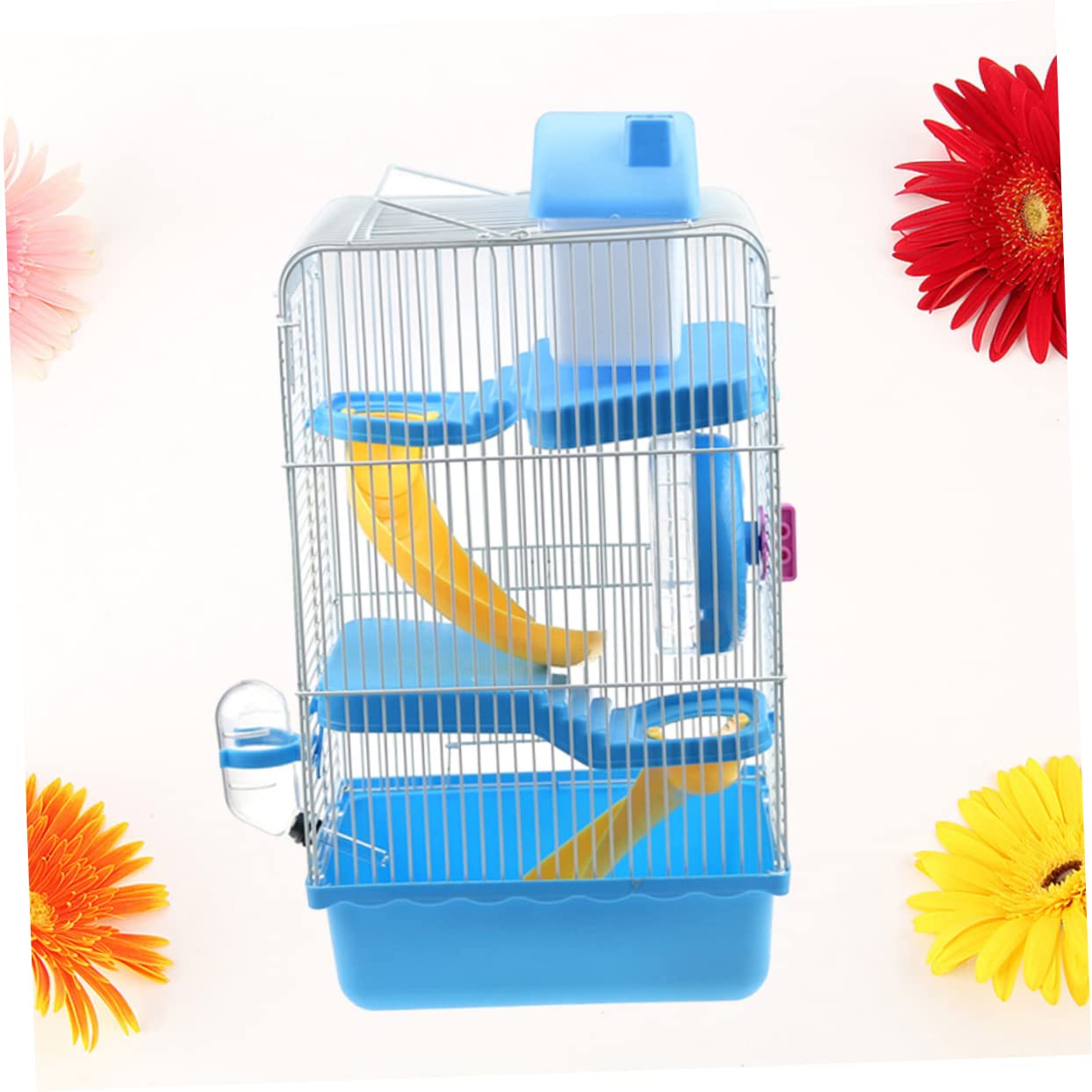 Gabbia per Criceti a Tre Livelli, Villa Lussuosa Blu 23×17×45 Cm | Pp e Ferro, Design a Scorrimento Multistrato, Ruota Inclusa, Beverino a Tenuta per Piccoli Animali