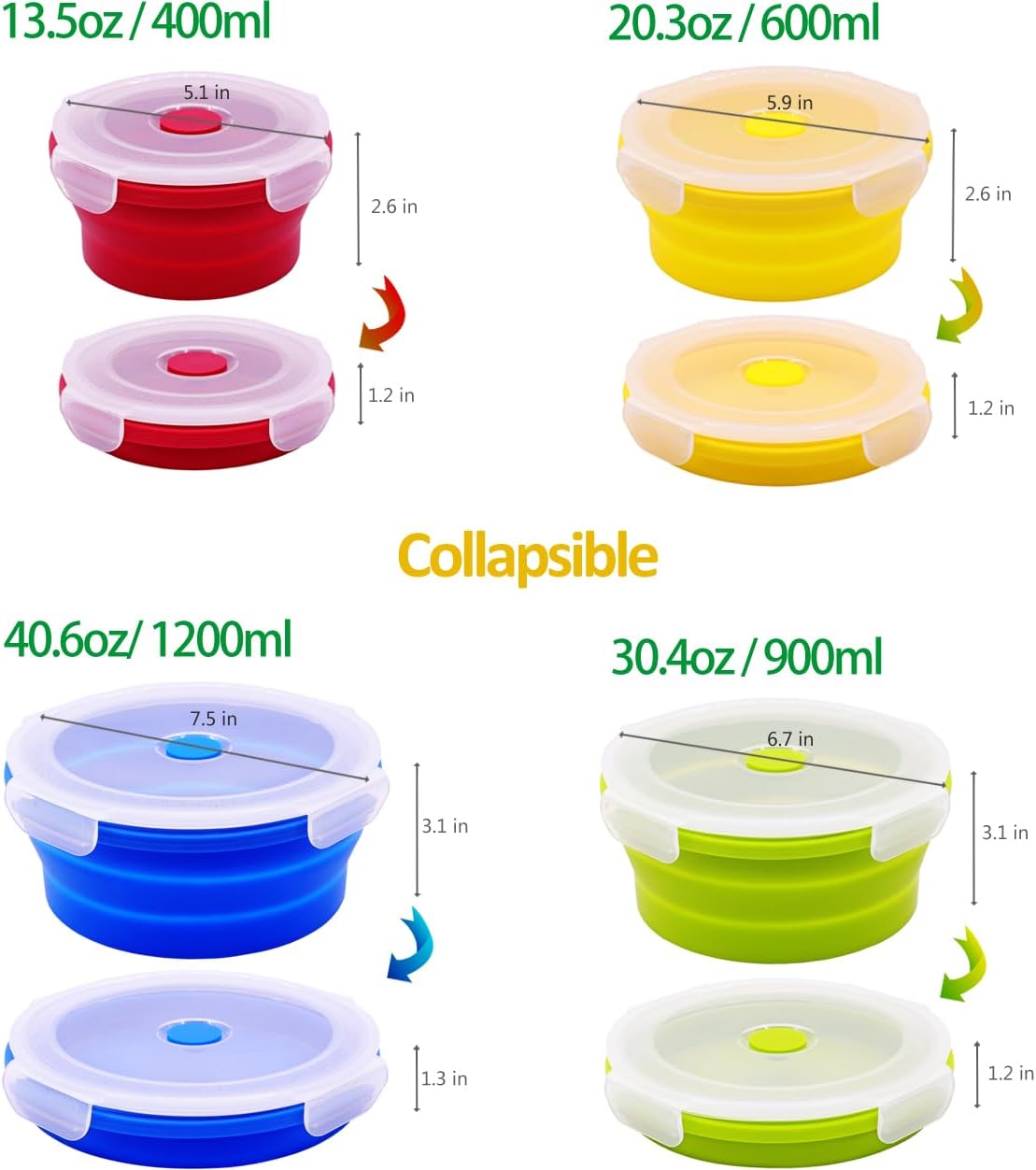 Set of 4 Collapsible Silicone Food Storage Containers With Lids, Round Collapsible Bowls For Kitchen, Microwave, Dishwasher and Freezer Safe, Foldable Meal Prep Bento Lunch Box, BPA Free