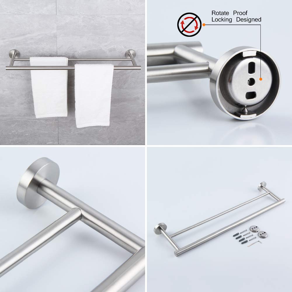 Juego de accesorios de baño de 5 piezas de accesorios de baño de acero inoxidable cepillado montado en la pared – Incluye barra de toalla doble de 18 pulgadas, barra de toalla de mano de 12 pulgadas,