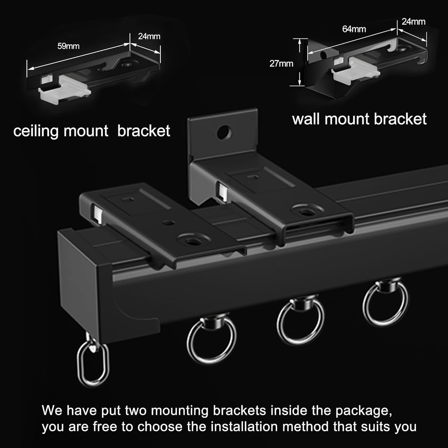 Aluminum Alloy Silent Curtain Tracks Ceiling Or Wall Mounted Curtain Rail Drapes Rail Room Dividers Sliding Curtain Rail (black, 2m(not segmented))