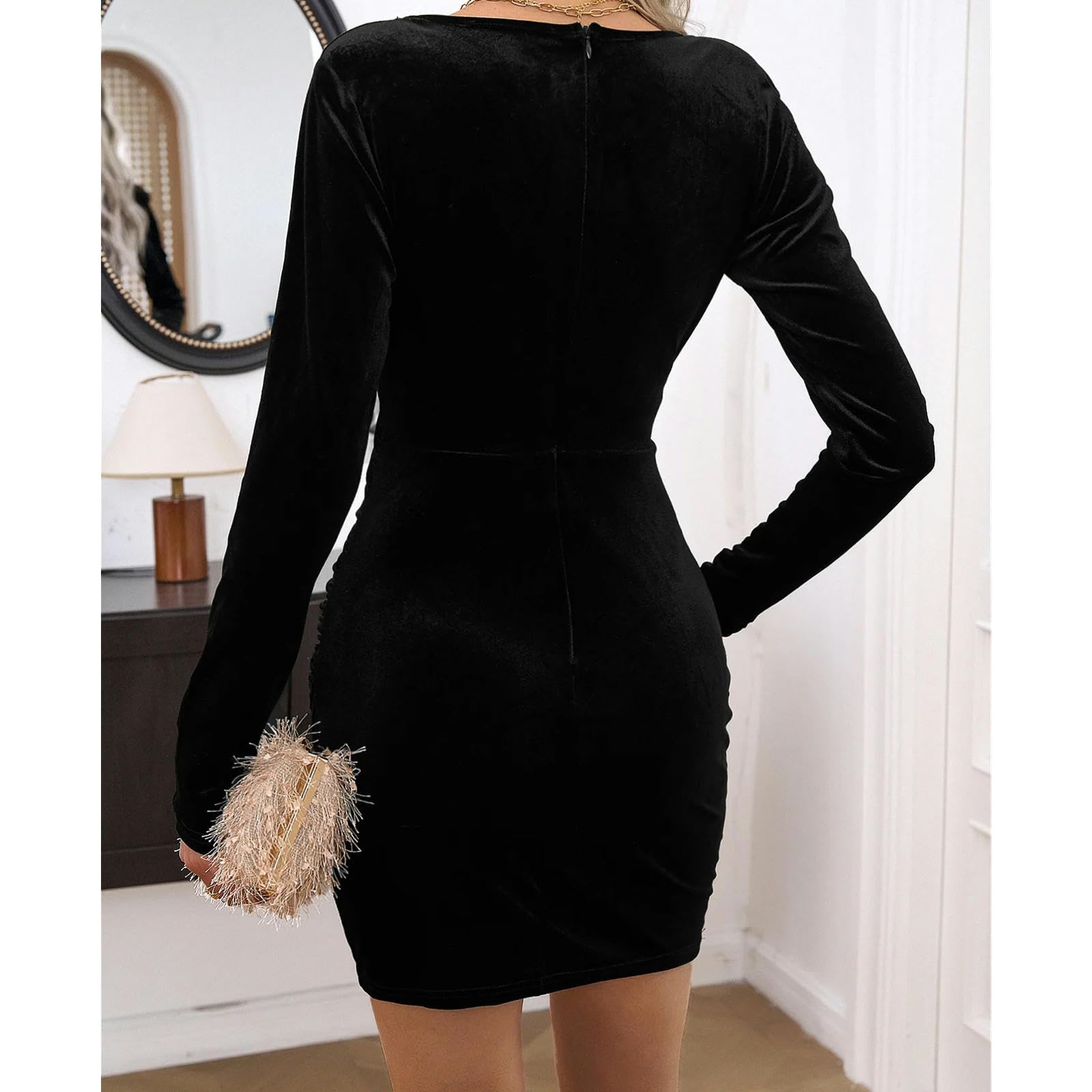 Vestito Donna Avvolgimento di Glutei A V-Collo A V-Collo Aderente Abito da Cocktail Sexy A Maniche Lunghe per Abito da Festa-Nero-l