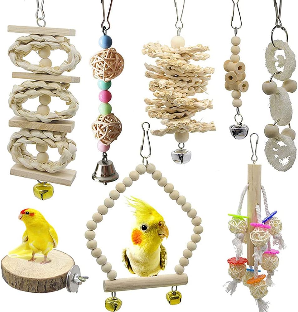 NeoStyle (8 Packs) of Bird Parrot Swing Chewing Toys,Natural Wood bird cage accessories,Suitable for Small Parakeets, Cockatiels, Conures, Finches,Budgie,Macaws, Parrots, Love Birds