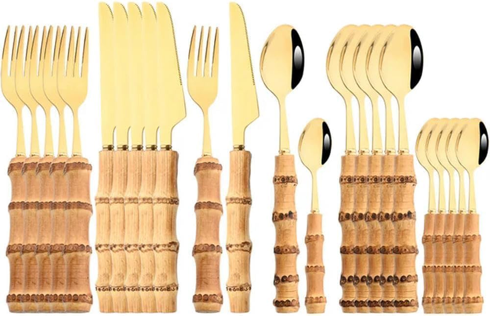 Ménagère 24 pièces avec poignée en bambou, ensemble de couverts en acier inoxydable, couteau, cuillère, fourchette pour salle à manger, vaisselle écologique