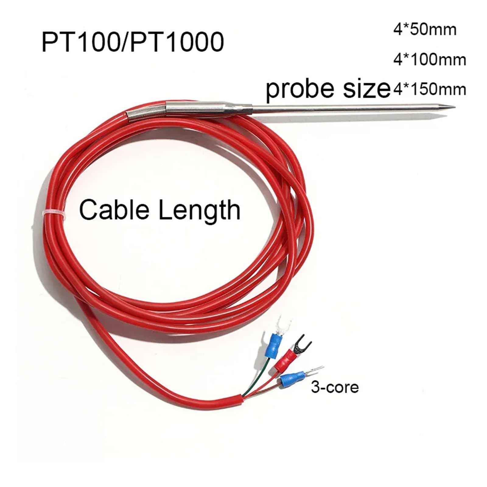 PT100/PT1000 Nadeltemperatursensor, lebensmitteltauglicher Fühler, 1/2/3M Kabel zur Steckerkennung (1 Stück)