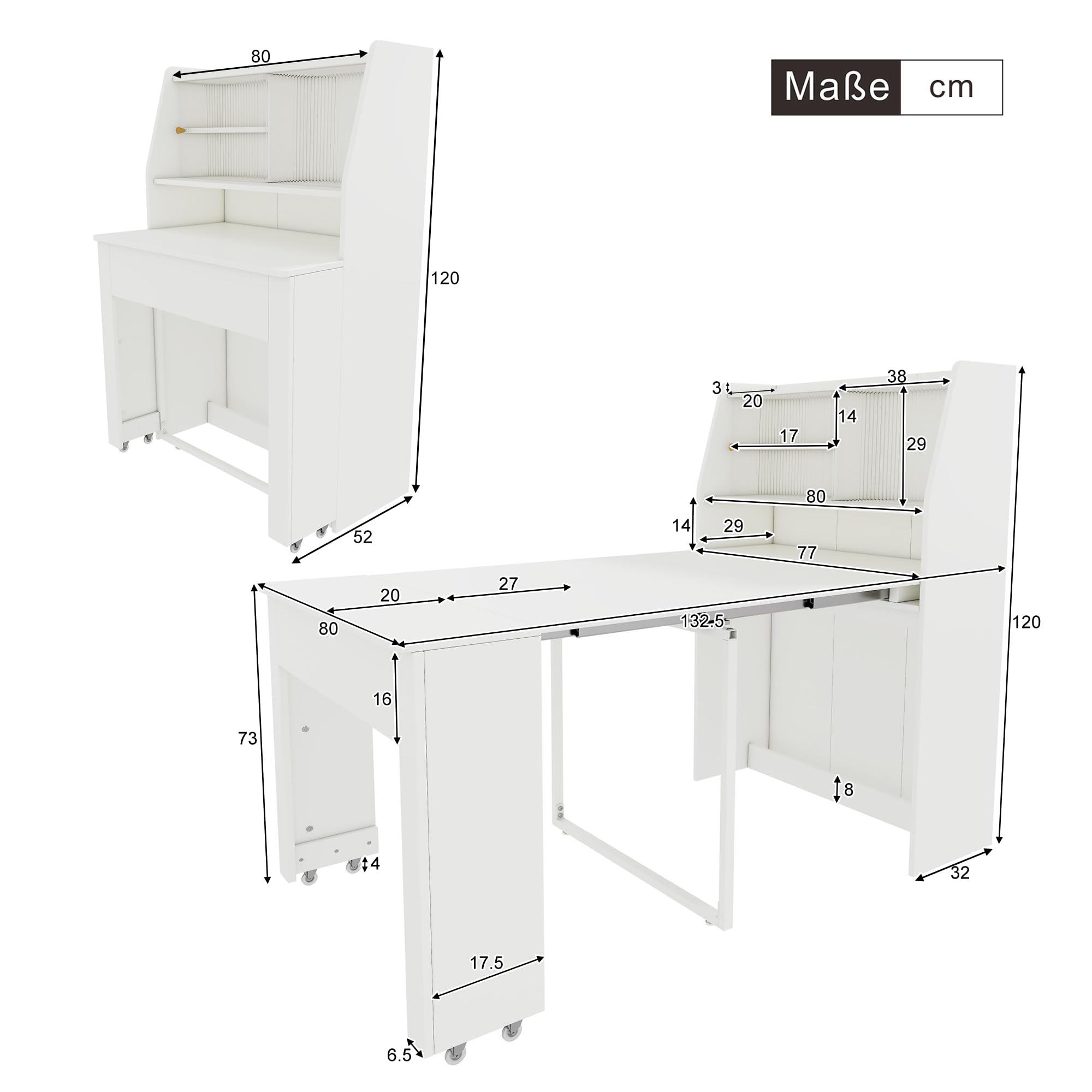 Lexiou Ausziehbarer Esstisch, L52/132.5xB80xH76cm, Einweg-Ausziehtisch, Esszimmer-Stauschrank, mit Stauraum, Coffee Lounge Tisch, Platzsparender Multifunktions-Esstisch