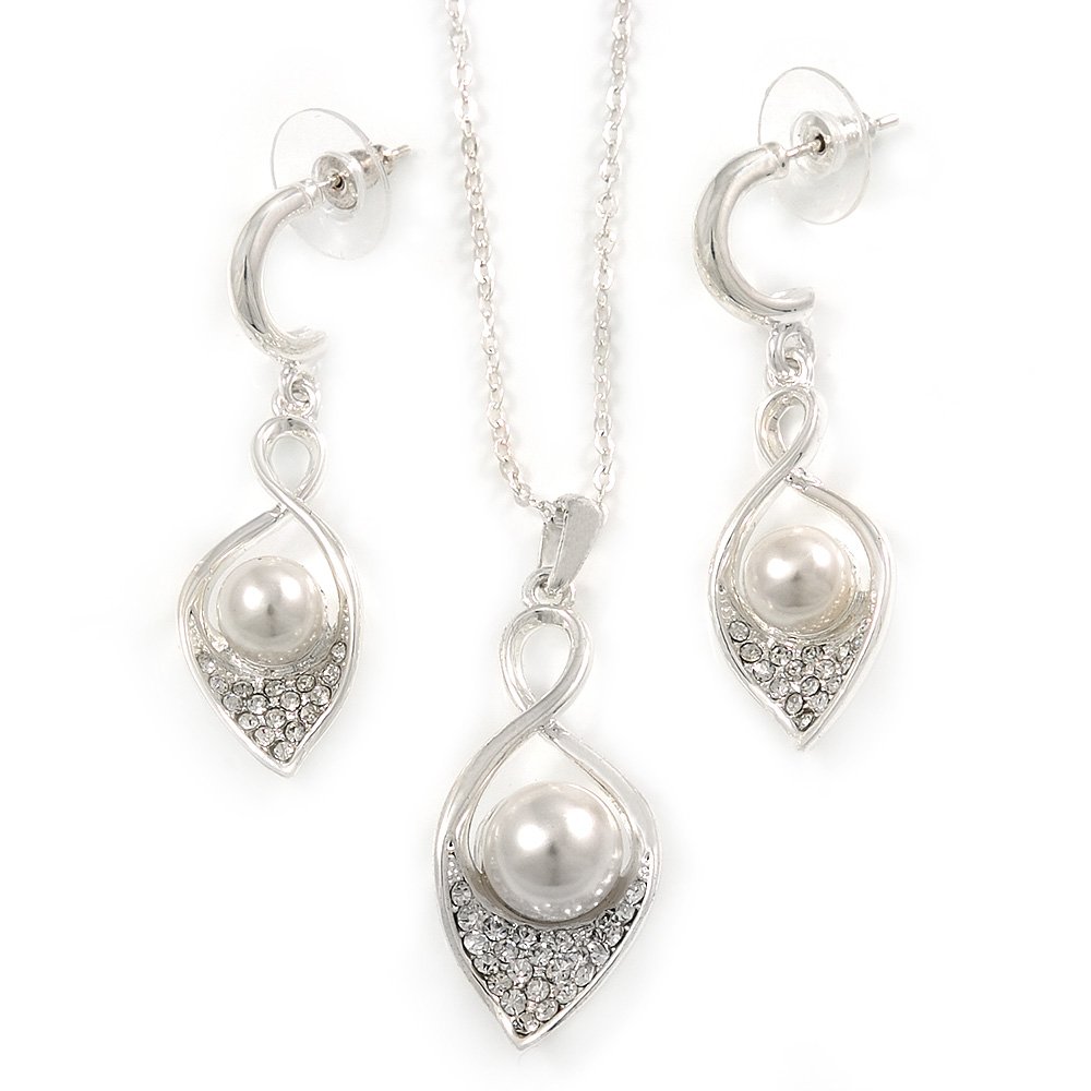 AvalayaClear Crystal, White Glass Pearl Calla Lily Pendant with Chain and Drop Earrings Set/Silver Tone/ 40cm L/ 5cm Ext