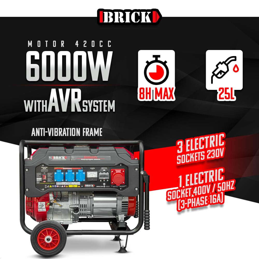 Groupe électrogène max 6000W avec roues et prise triphasée - Brick