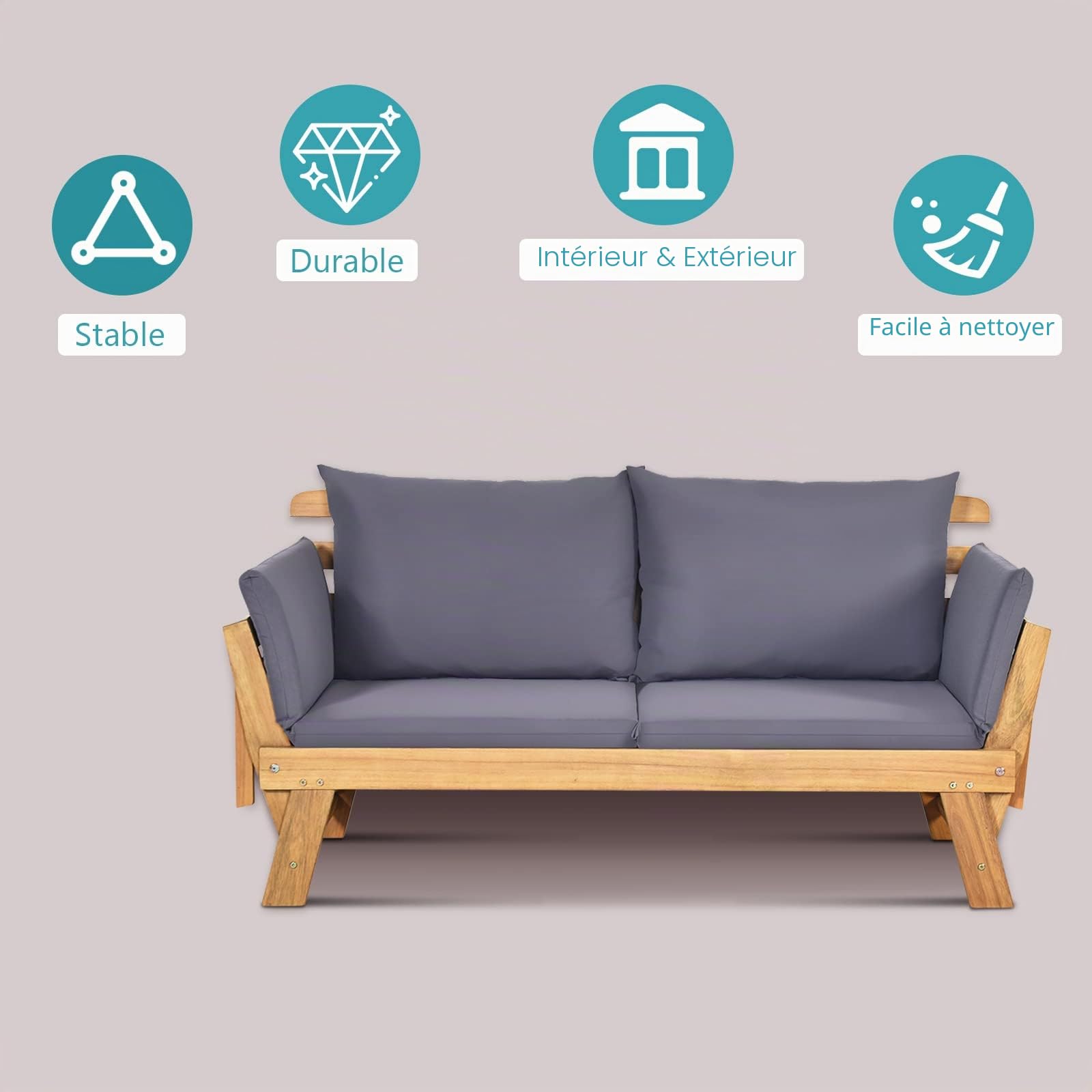 KOMFOTTEU Canapé de Jardin en Bois d'acacia, 2 Places, Sofa de Jardin avec Accoudoirs Inclinables, Canapé d'Extérieur avec Coussin, 157-198 x 75 x 75 cm, pour Terrasse, Balcon, Cour (Gris)