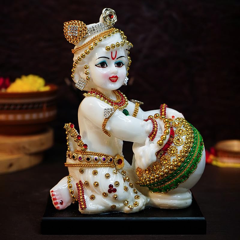 Image of Ekhasa Aura Series Marble Dust Bal Gopal Murti (8 inch, Medium Size) | Gemstone Zircon Studded Laddu Gopal Murti for Pooja | Resin Baby Krishna Idol for Home | Sri Krishna Idols for Gift