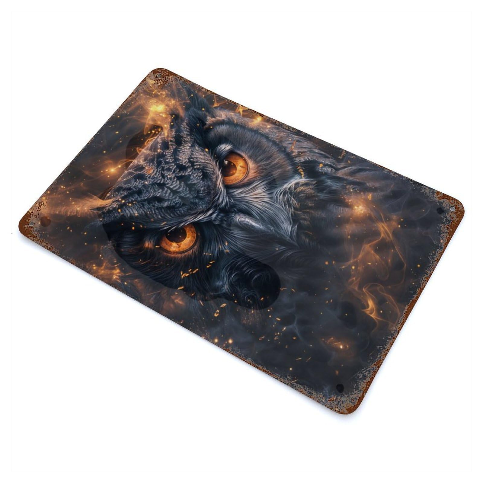 Fiery Gaze of The Owl Aged Metal Wall Plaque 11.8"x7.9", for Living Room, Hallway And Home Decor, Shabby Chic Decor