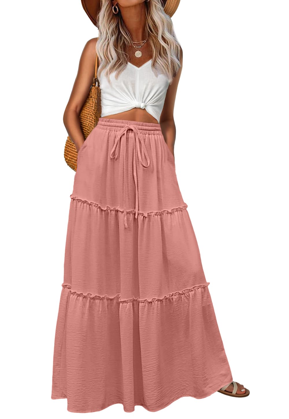 Lepunuo Womens Casual Boho High Waisted Flowy Maxi Skirts Tiered Floral Long Skirts with Pockets for Summer Beach Vacation