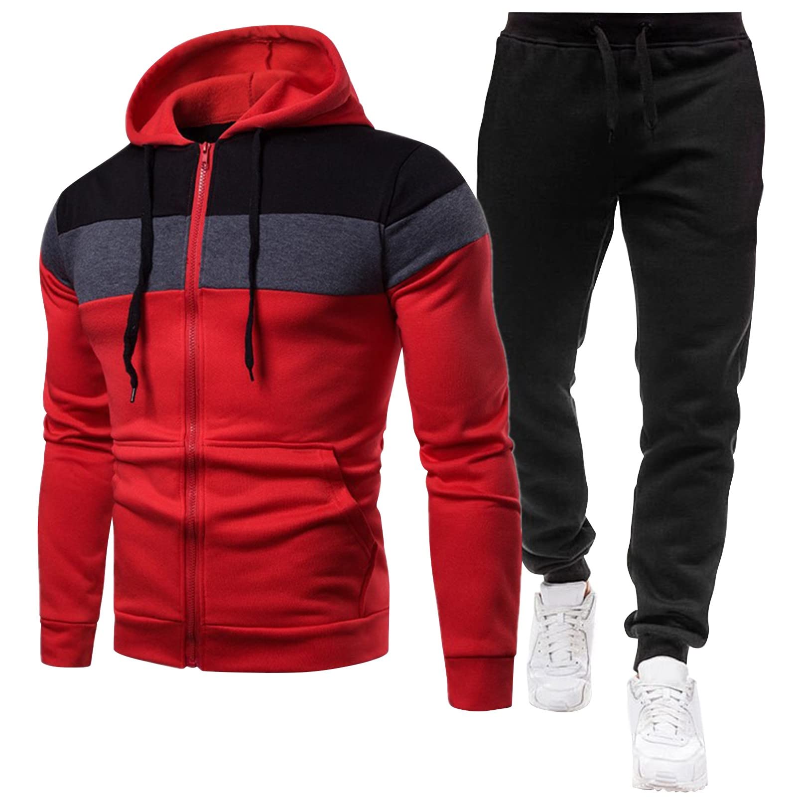 Męski dres treningowy, 2-częściowy, zapinana na zamek bluza z kapturem i joggery, ciemnoszara i czarna, odzież sportowa dla mężczyzn, miękka bawełniana dres treningowy z kieszeniami, wygodna odzież