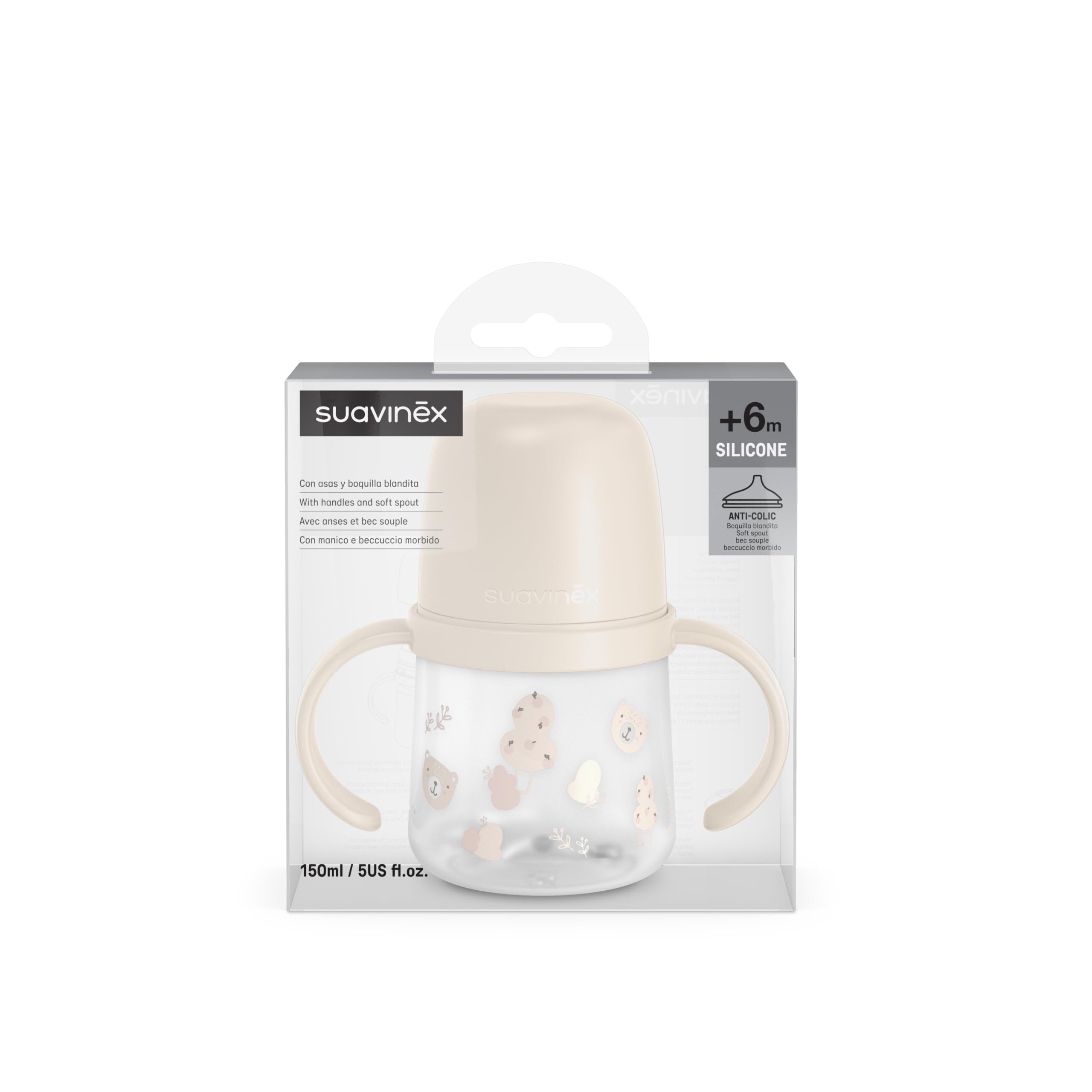 Suavinex, Biberon à Anses, Tasse Apprentissage Bébé avec Bec Souple en Silicone, Système Anti-Colique, Gourde Enfant avec Poignées, Antifuites, Passe Lave-Vaisselle, +6 Mois, 150 ml, Wild&Free Rose