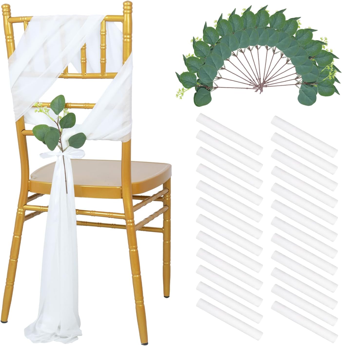 White Chair Sashes with Artificial Eucalyptus 24 Packs Tulle Wedding Aisle Chair Sashes Decorations Fabric Sheer Church Tulle Drapes Bulk for Reception Wedding Bands for Party