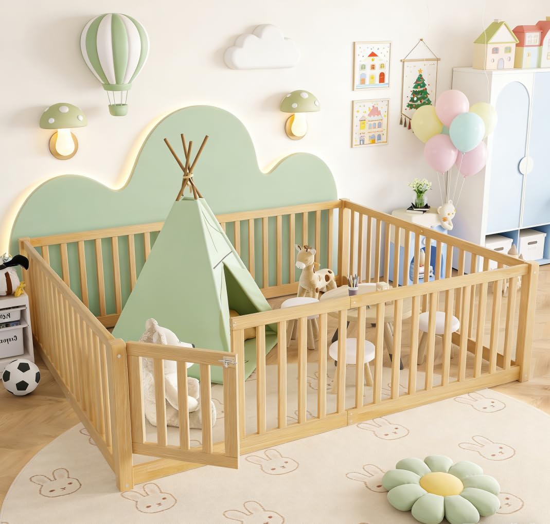 Bellemave Queen Size Montessori Floor Bed with 23.5" High Rails, Pine,Plywood Queen Floor Bed with Small Door, Natural