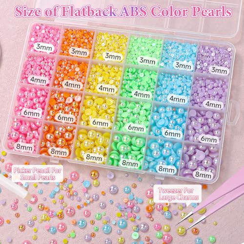 Image of 9000Pcs Flatback Pearls for Crafting, Pink Yellow Half Nail Pearls and Gems, 3-8mm Green Blue Purple Color Half Round ABS Flatback Pearl Gems Bedazzling for Nails Art Crafts Shoes Clothes Bags