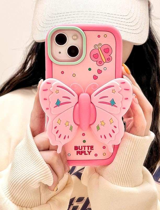 Image of COVERLY for iPhone 16 Pro Max 3D Butterfly Lovely Cartoon Case,Premium Silicone Case Wings with Folding Stand Holder Cool Full Protective Cute Kawaii Aesthetic Cover for Apple iPhone 16 Pro Max
