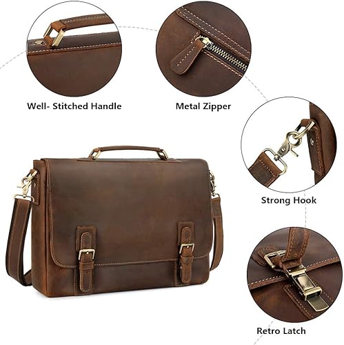 Vista 5 de Kattee Maletín de cuero para hombre, 15.6 pulgadas, bolso de hombro para portátil Marrón