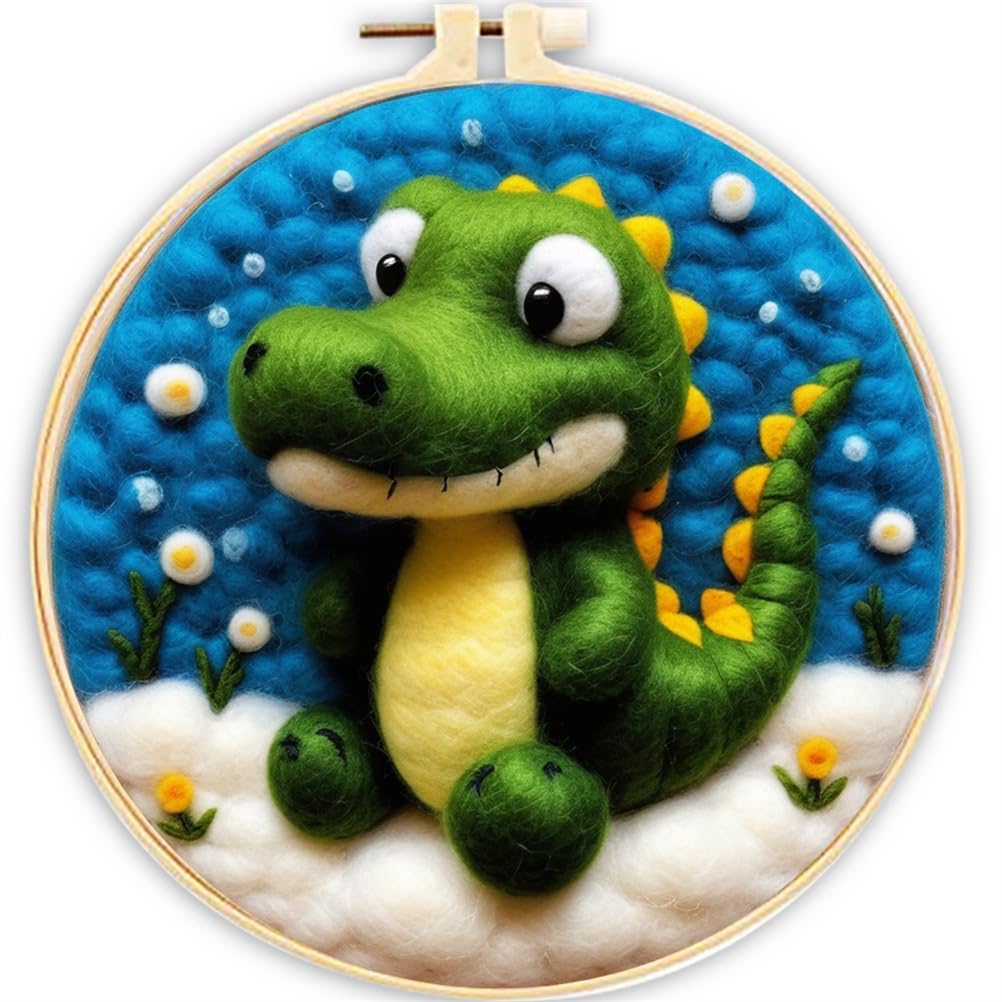 Meecaa DIY Needle Felting Kit for Beginners,Dinosaur Animal Including Wool Felt Supplies, Embroidery Hoops,Beautiful Wool Painting and Needle Felting Tools (Dinosaur)