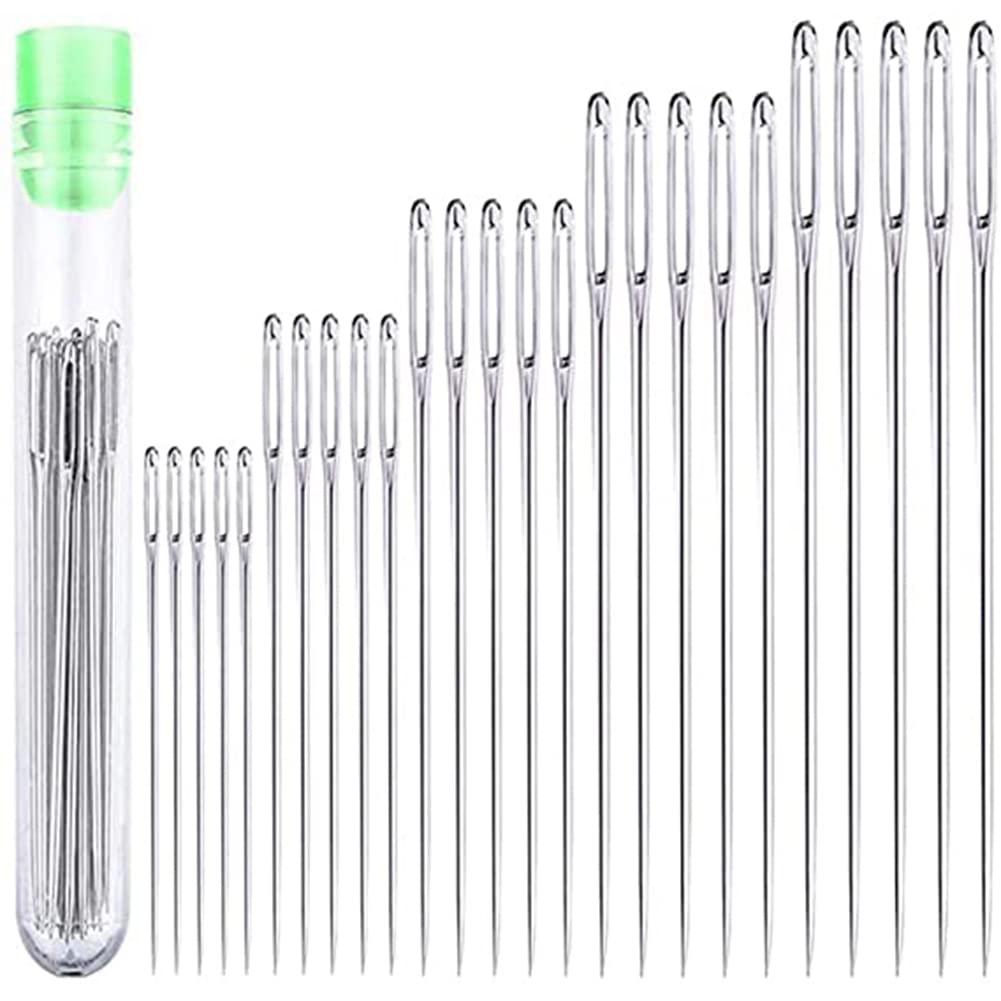 CTRLZS 25 Large Eye Stitching Needles - 5 Sizes Big Eye Hand Sewing Needles in Clear Storage Tube for Stitching, and Crafting
