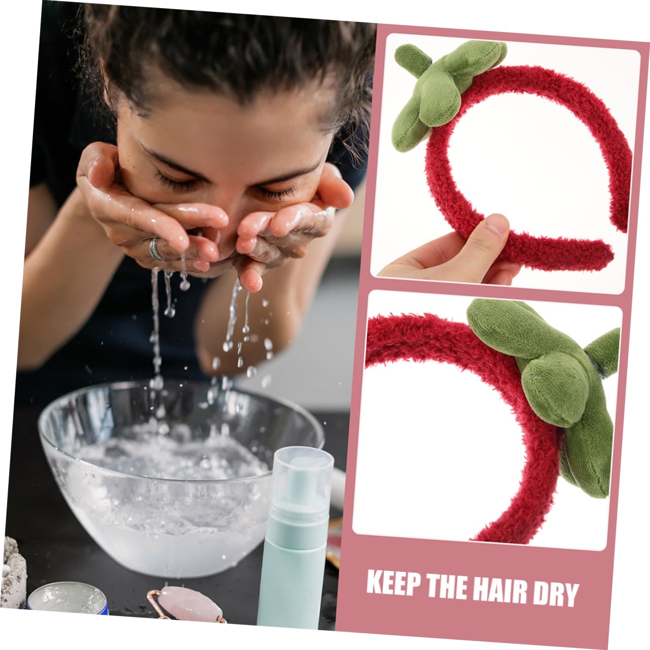 TENDYCOCO Strawberry Headband Makeup Hair Accessories Strawberry Hair Hoop Skin Care Accessories for Girls Cute Headband Women Hair Bands Strawberry Hair Accessories Strawberry Hair Band Coral Fleece - Image 3