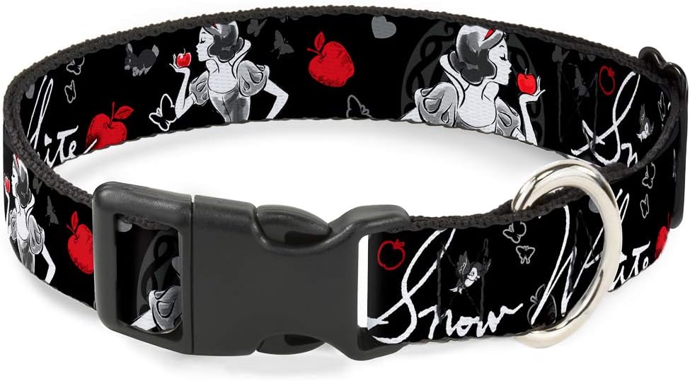 Buckle-Down Plastic Clip Collar - SNOW WHITE Apple Poses/Butterflies Black/Gray/Red - 1.5" Wide - Fits 16-23" Neck - Medium