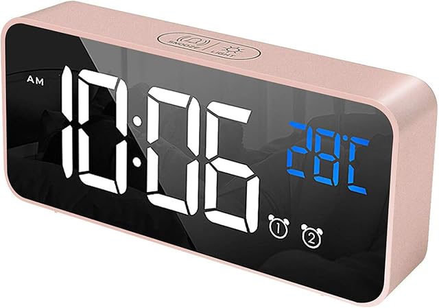 HOMVILLA Digital Alarm Clock with Big LED Temperature Display, Portable Mirror Alarm with Dual Alarm Snooze Time 4 Levels Adjustable Brightness Dimmer 13 Music USB Charging Port for Bedside, Bedroom