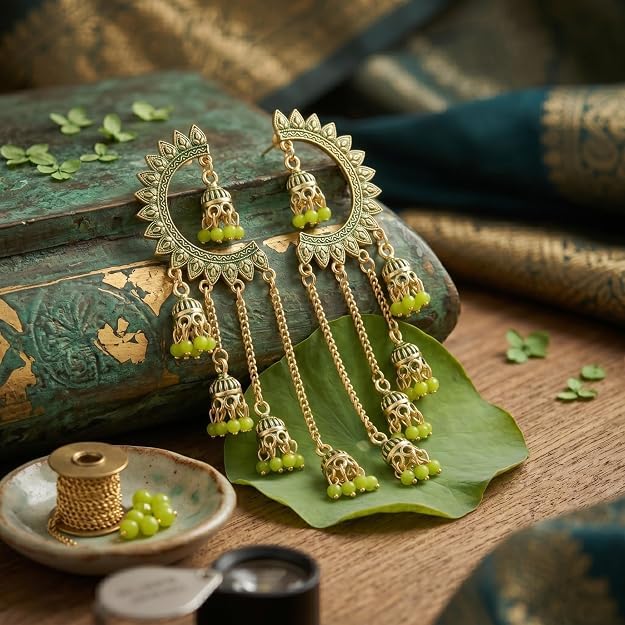 Image of WORLD CRAZE Multicolour long kashmiri jhumka for women chandbali earrings chand baliyan | kashmiri earrings for women | bahubali earrings stylish | Traditional Indian Festive Jewelry | Long Chain Tassels | Pearl Drop Latkan Jewellery (Multi colour)